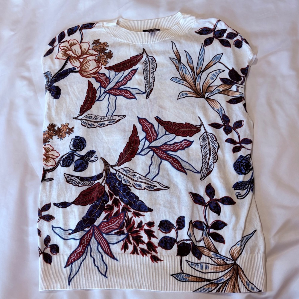 Talbots Womens M White Tropical Floral Cotton Rayon Knit Sleeveless Sweater